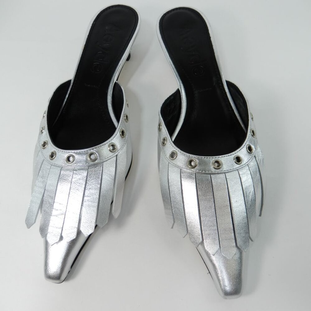 AEYDE Tania Kiltie Fringe Mule Kitten Heels EU 36 5 5.5 Silver Leather NEW $395
